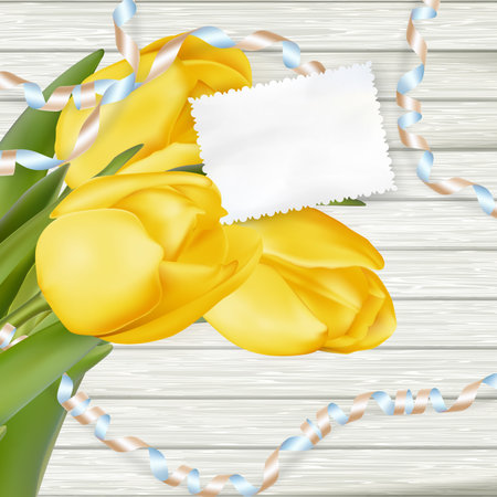 Paper card with tulips on wooden background. EPS 10 vector file includedのイラスト素材