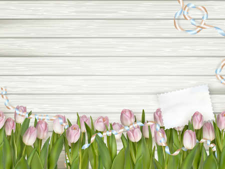 Paper card with tulips on wooden background. EPS 10 vector file includedのイラスト素材