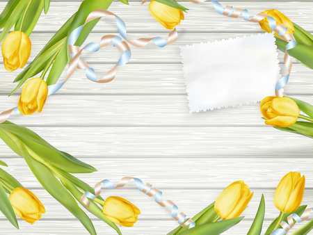 Paper card with tulips on wooden background. EPS 10 vector file includedのイラスト素材