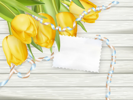 Paper card with tulips on wooden background. EPS 10 vector file includedのイラスト素材