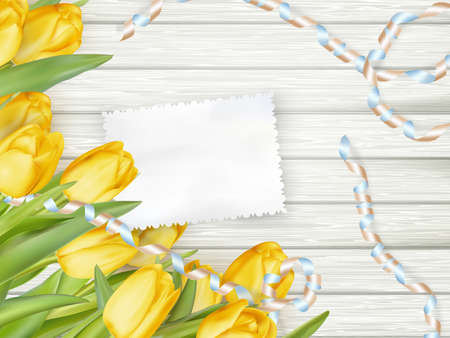 Paper card with tulips on wooden background. EPS 10 vector file includedのイラスト素材