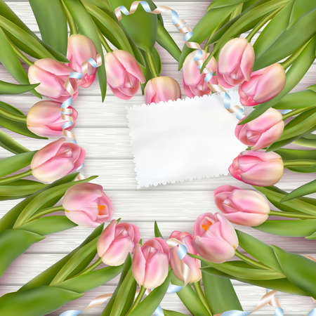 Paper card with tulips on wooden background. EPS 10 vector file includedのイラスト素材