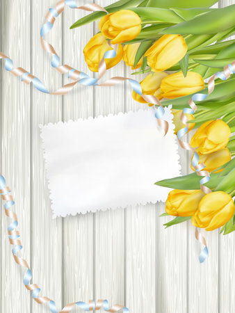 Paper card with tulips on wooden background. EPS 10 vector file includedのイラスト素材