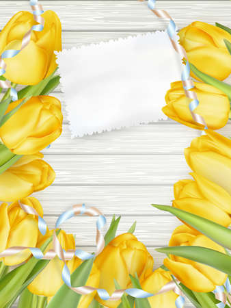 Paper card with tulips on wooden background. EPS 10 vector file includedのイラスト素材