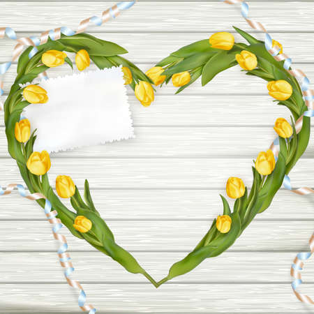 Paper card with tulips on wooden background. EPS 10 vector file includedのイラスト素材