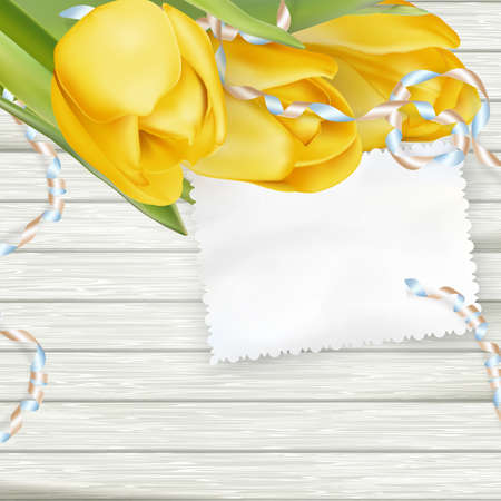 Paper card with tulips on wooden background. EPS 10 vector file includedのイラスト素材