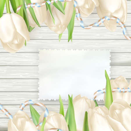 Paper card with tulips on wooden background. EPS 10 vector file includedのイラスト素材