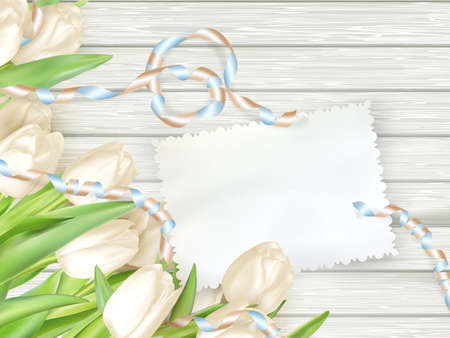 Paper card with tulips on wooden background. EPS 10 vector file includedのイラスト素材