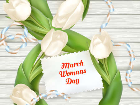 8 march International womans day, from tulips on wooden boards. EPS 10 vector file includedのイラスト素材