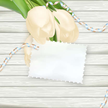 Paper card with tulips on wooden background. EPS 10 vector file includedのイラスト素材