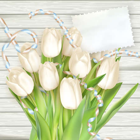 Paper card with tulips on wooden background. EPS 10 vector file includedのイラスト素材