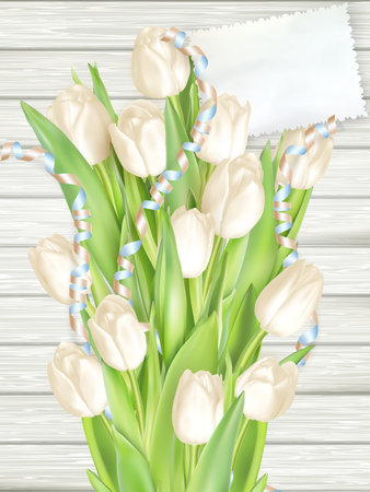 Paper card with tulips on wooden background. EPS 10 vector file includedのイラスト素材