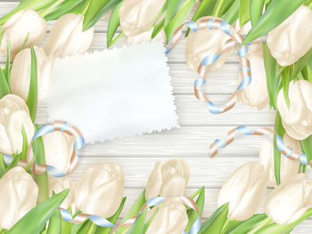 Paper card with tulips on wooden background. EPS 10 vector file includedのイラスト素材