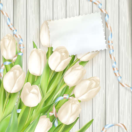Paper card with tulips on wooden background. EPS 10 vector file includedのイラスト素材