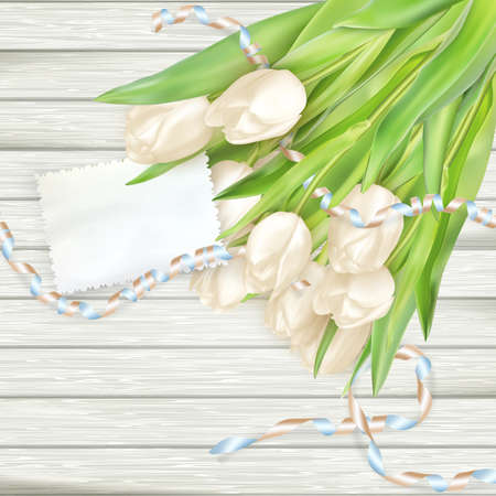 Paper card with tulips on wooden background. EPS 10 vector file includedのイラスト素材