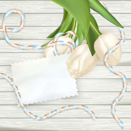 Paper card with tulips on wooden background. EPS 10 vector file includedのイラスト素材