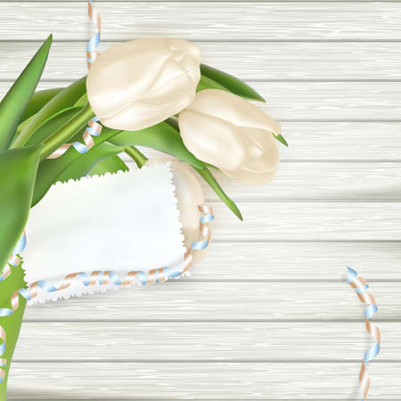 Paper card with tulips on wooden background. EPS 10 vector file includedのイラスト素材