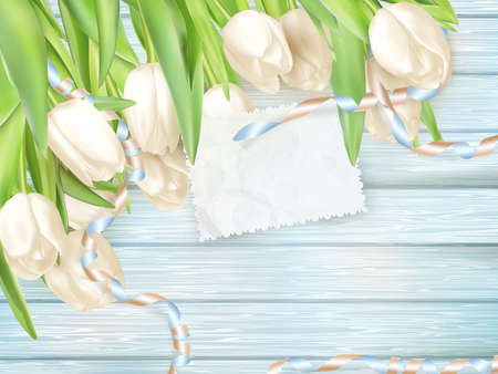 Paper card with tulips on wooden background. EPS 10 vector file includedのイラスト素材