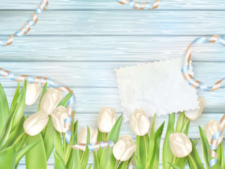 Paper card with tulips on wooden background. EPS 10 vector file includedのイラスト素材