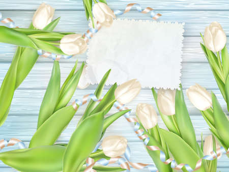 Paper card with tulips on wooden background. EPS 10 vector file includedのイラスト素材