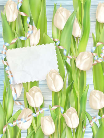Paper card with tulips on wooden background. EPS 10 vector file includedのイラスト素材