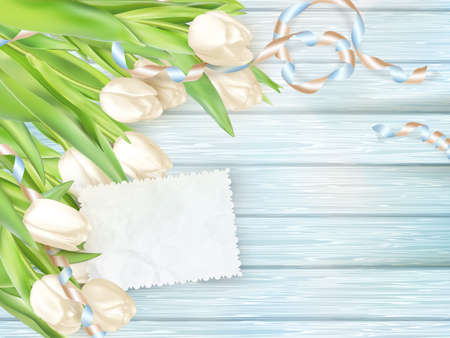 Paper card with tulips on wooden background. EPS 10 vector file includedのイラスト素材