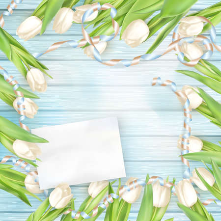 Tulip bouquet and blank greeting card. Top view over white blue wooden table. EPS 10 vector file includedのイラスト素材