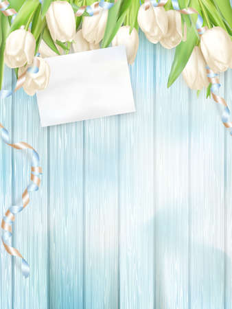 Tulip bouquet and blank greeting card. Top view over white blue wooden table. EPS 10 vector file includedのイラスト素材
