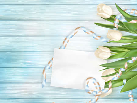 Tulip bouquet and blank greeting card. Top view over white blue wooden table.   vector file includedのイラスト素材