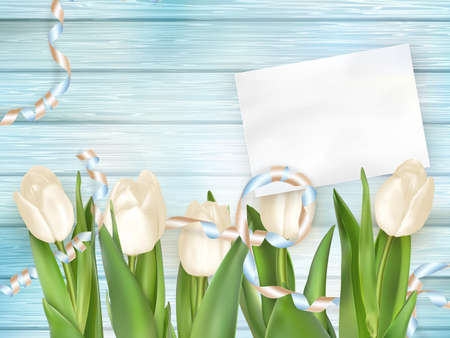 Tulip bouquet and blank greeting card. Top view over white blue wooden table.   vector file includedのイラスト素材