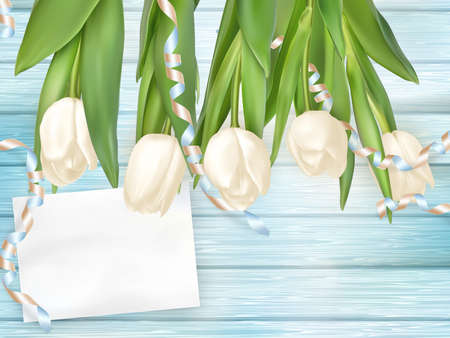 Tulip bouquet and blank greeting card. Top view over white blue wooden table.   vector file includedのイラスト素材