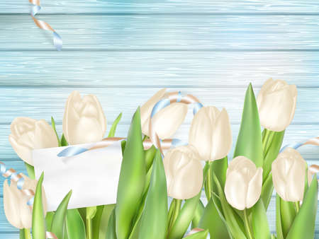 Bouquet of beautiful tulips with a card. March 8, valentines day, mothers day.  vector file includedのイラスト素材