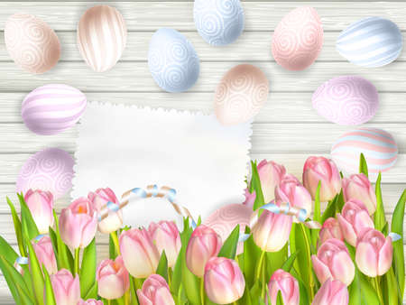 Easter egg, tulips and empty vintage card for your text.  vector file includedのイラスト素材