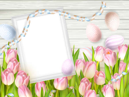 Easter background. Colorful eggs over white wooden background with frame.  vector file includedのイラスト素材