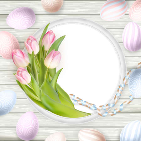 Easter background. Colorful eggs over white wooden background with frame.   vector file includedのイラスト素材