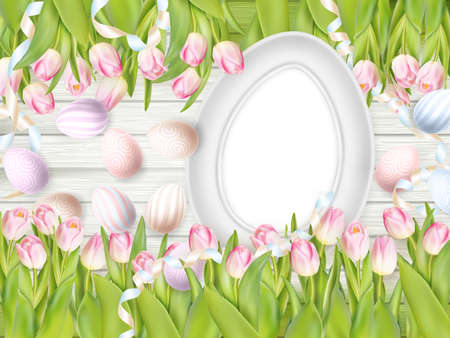 Easter background. Colorful eggs over white wooden background with frame.  vector file includedのイラスト素材