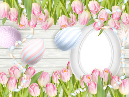 Easter background. Colorful eggs over white wooden background with frame.  vector file includedのイラスト素材