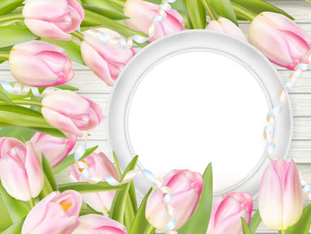Tulips with blank picture frame on white wooden background. Romantic picture.   vector file includedのイラスト素材