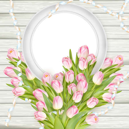 Tulips with blank picture frame on white wooden background. Romantic picture.  vector file includedのイラスト素材