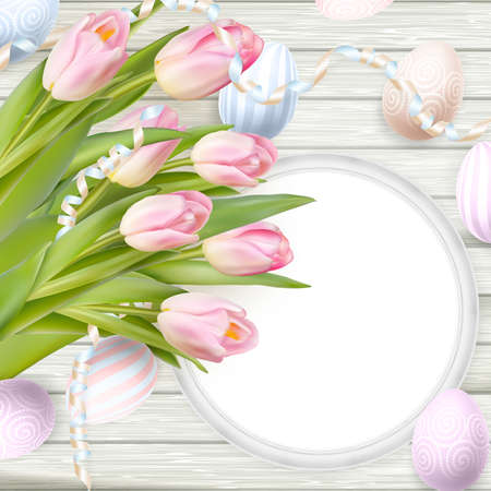 Easter background. Colorful eggs over white wooden background with frame.  vector file includedのイラスト素材