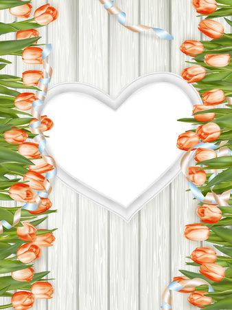 Fresh pink tulips and blank wooden heart shape frame.   vector file includedのイラスト素材