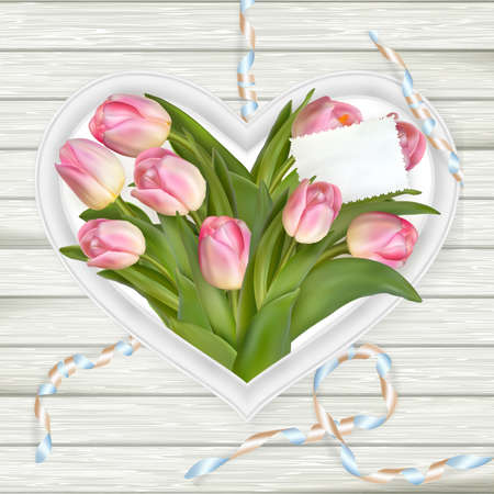 Pink tulips and heart frame on white wooden board. Top view.  vector file includedのイラスト素材