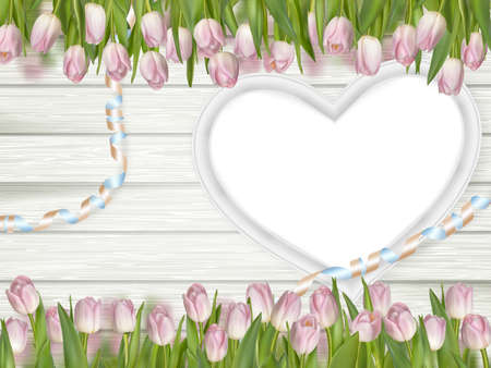 Tulips with blank white picture heart shape frame on a wooden background. Romantic picture.  vector file includedのイラスト素材