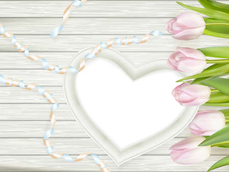 Fresh pink tulips and blank wooden heart shape frame.   vector file includedのイラスト素材