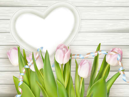 Heart-shaped frame with fresh tulips is laying on an old rustic wooden background.   vector file includedのイラスト素材