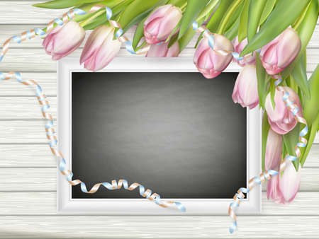Empty clean black chalkboard with pink tulips. Top view. vector file includedのイラスト素材