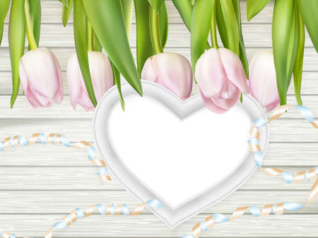 Tulips with blank white picture heart shape frame on a wooden background. Romantic picture.   vector file includedのイラスト素材
