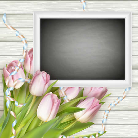 Festive composition with a bouquet of pink tulips, chalk board on wooden background. vector file includedのイラスト素材