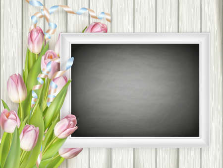 Picture frame with chalkboard in it, with pink tulips. vector file includedのイラスト素材