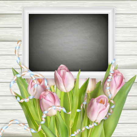 Tulips with chalkboard on wooden background.   vector file includedのイラスト素材